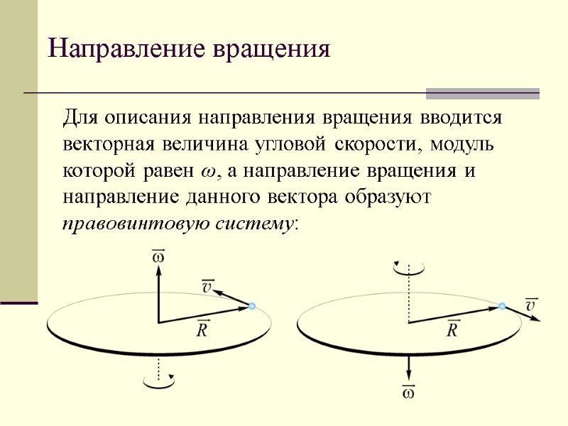 Направление вращения Для описания направления вращения вводится векторная величина угловой скорости, модуль которой равен